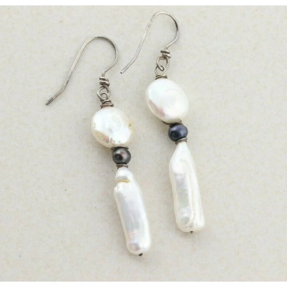 Sterling Silver White and Black Pearl Earrings Dangle Drop Earrings - Picture 1 of 7